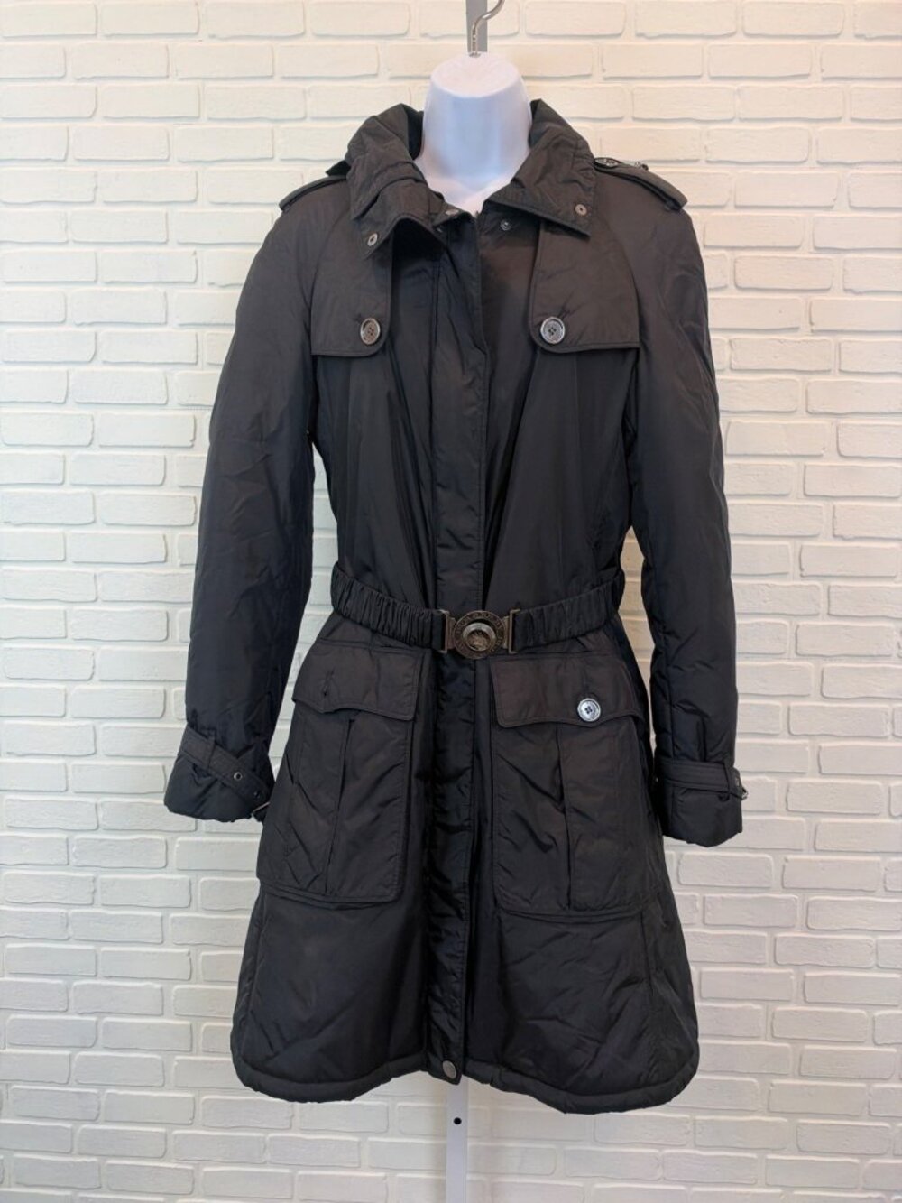 Burberry Brit Belted Padded Coat Black Nylon Detachable Hood 8